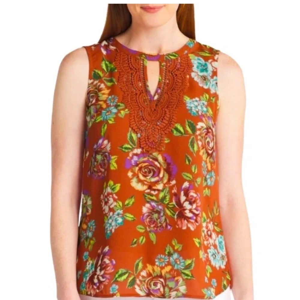 Daniel Rainn Burnt Orange floral front crochet back top